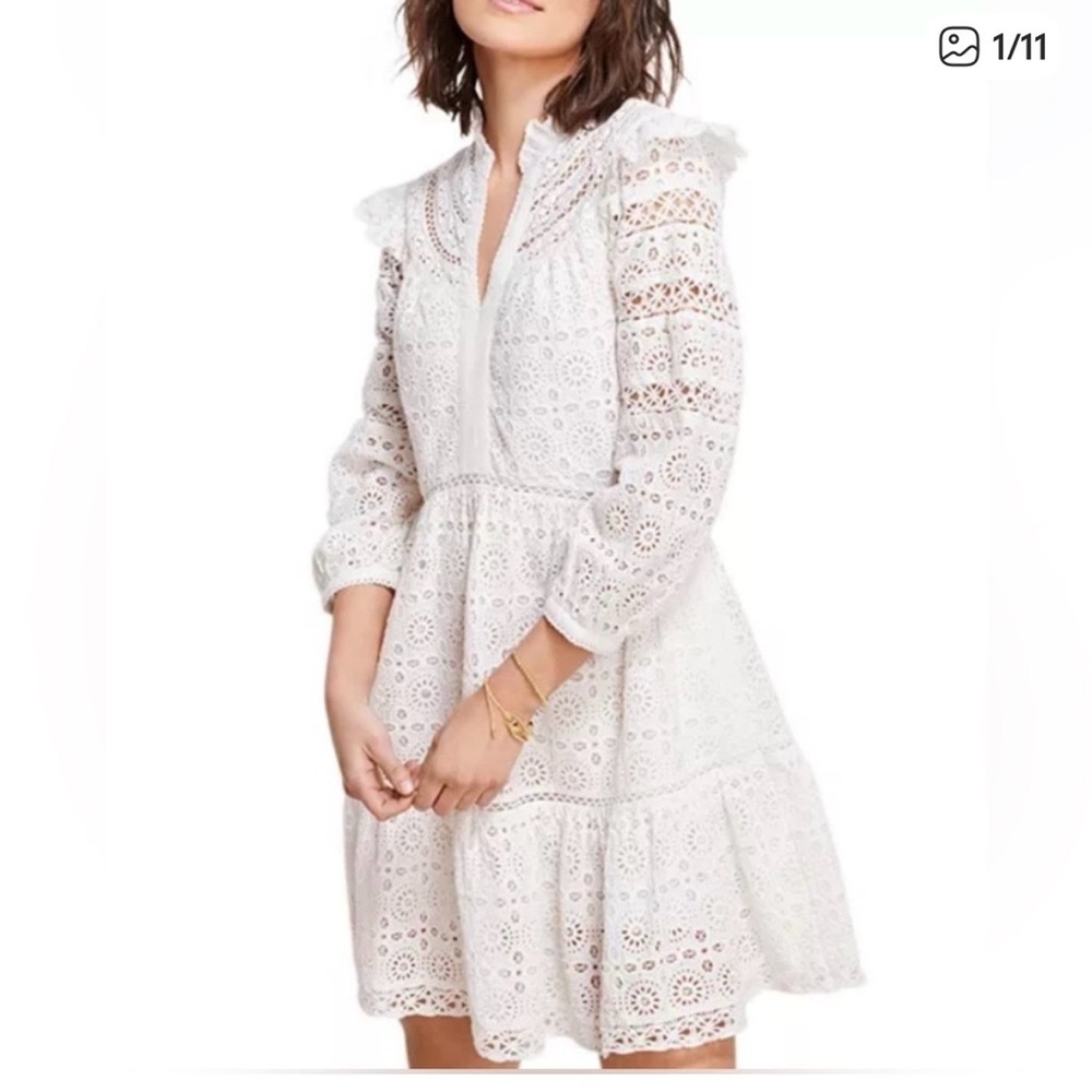 VINEYARD VINES White Tiered Eyelet Ruffled Mini Dress size XS - Picture 3 of 6